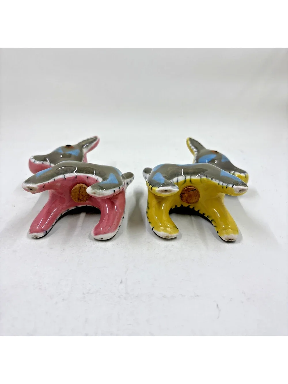 Vintage Napco Donkey Mule Salt Pepper Shakers Pink Yellow Quilted